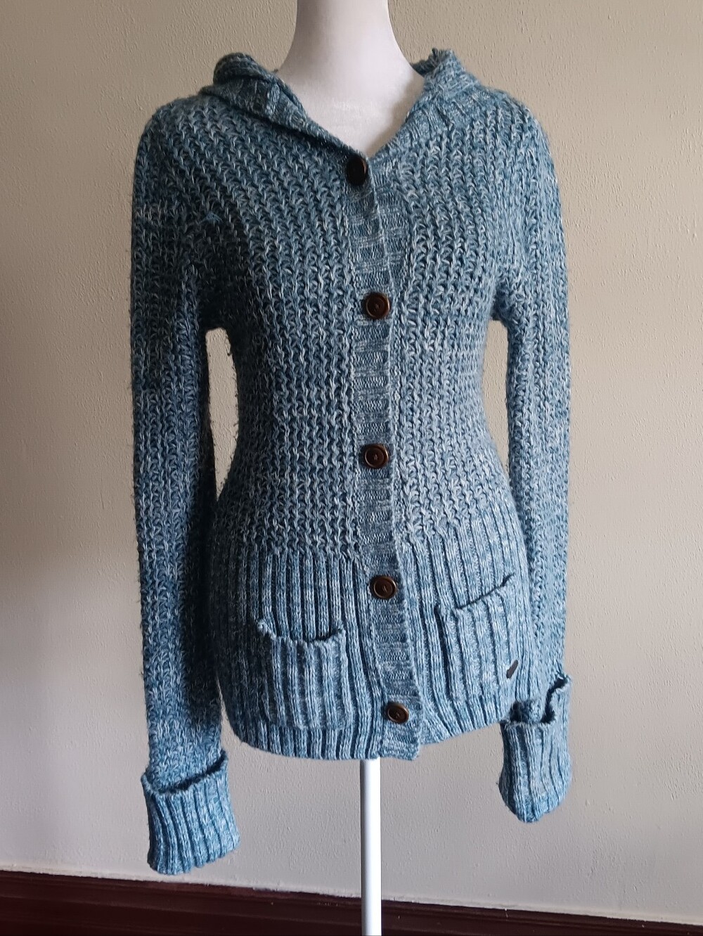 Y2k Roxy Blue Hooded Button Front Women's Knit Cardigan Sweater Size Small